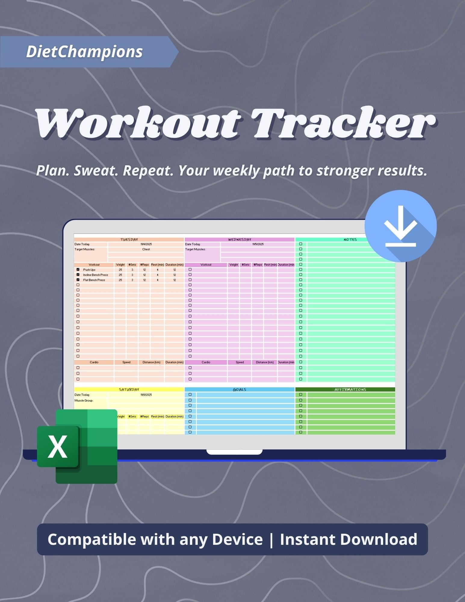 Workout Tracker Excel tool displayed on a laptop for logging exercises and tracking fitness progress.